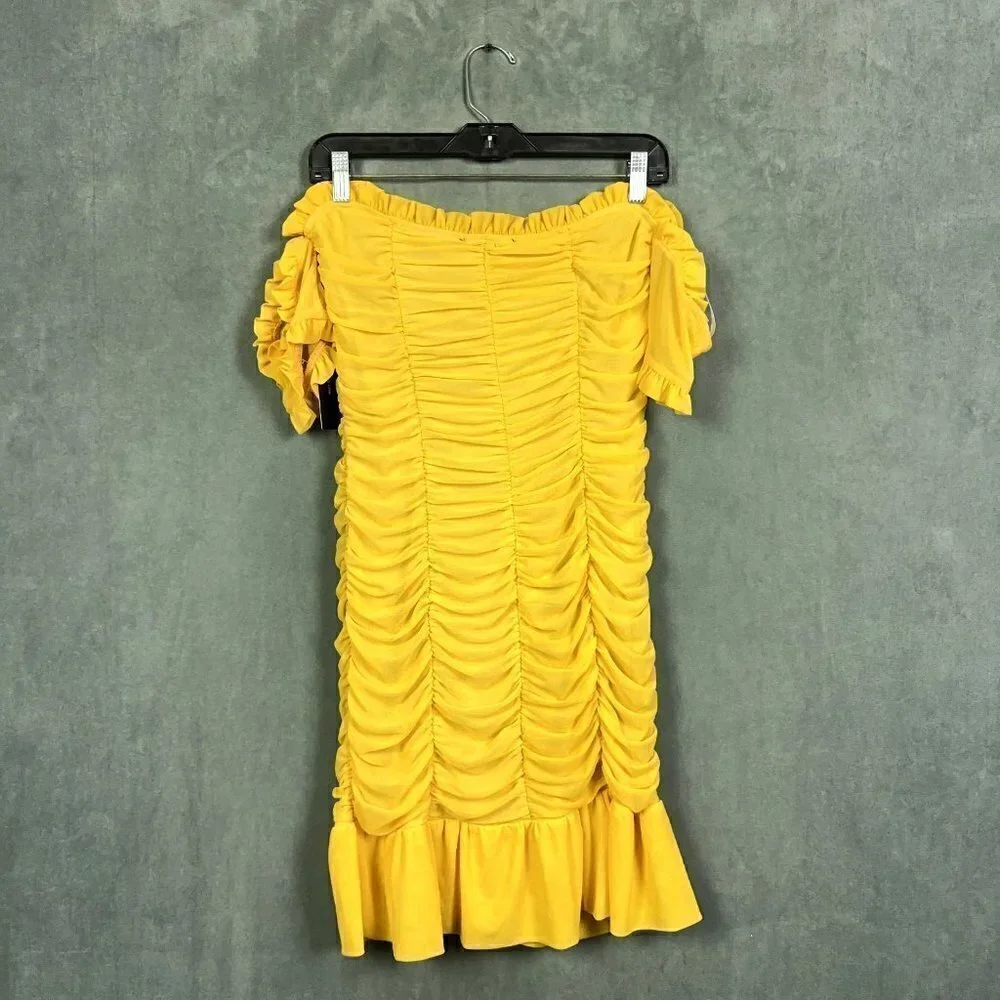 LULUS Dress Womens Size L Mustard Yellow Ruched Off-the-Shoulder Bodycon - Picture 8 of 12
